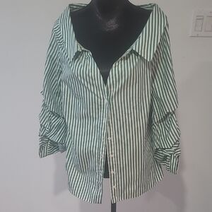Zara Green and White Striped Button-Down Shirt